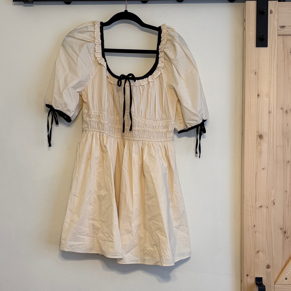Cream Puff Sleeve Dress with Black Trim
